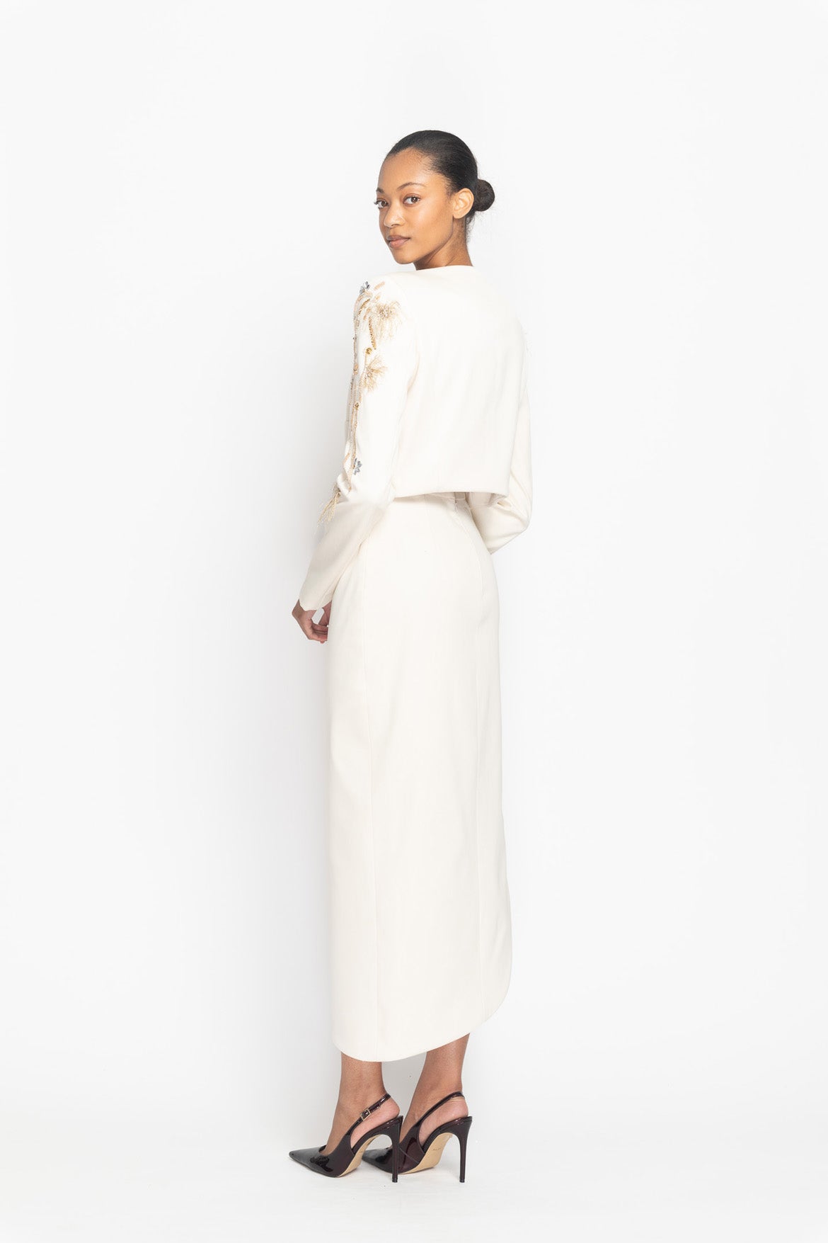 Light Sand Crystal Radicle Embroidered Arched Neck Cropped Jacket Side Two