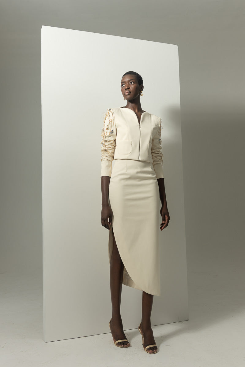 Light Sand Cady Curved Hem Pencil Skirt Front Runway