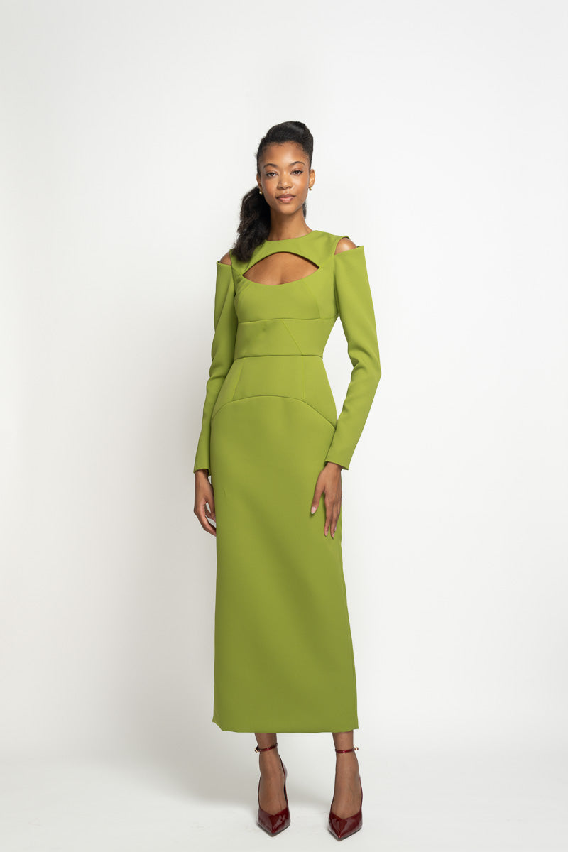 Olive Cady Sheath Dress with Open Neckline and Cold Shoulders 1
