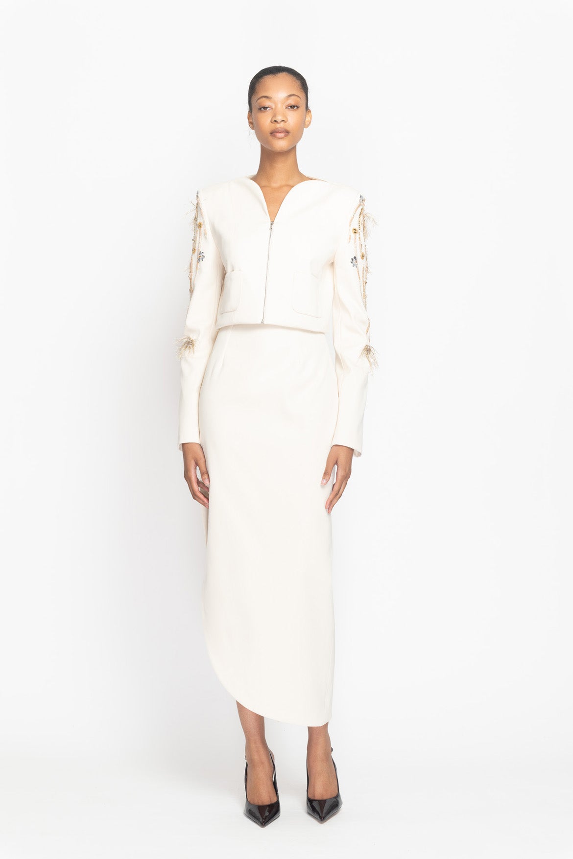 Light Sand Cady Curved Hem Pencil Skirt Front