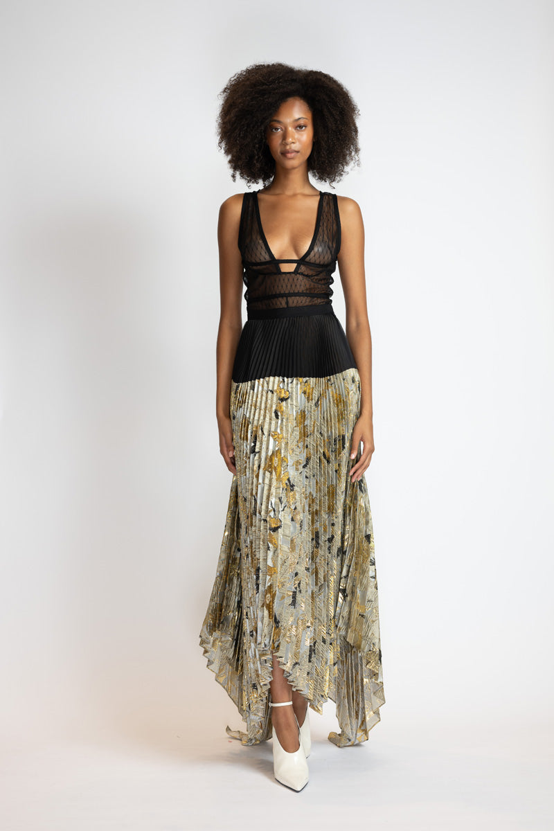 Marble And Organza Pleated Skirt With Asymmetrical Hem 1