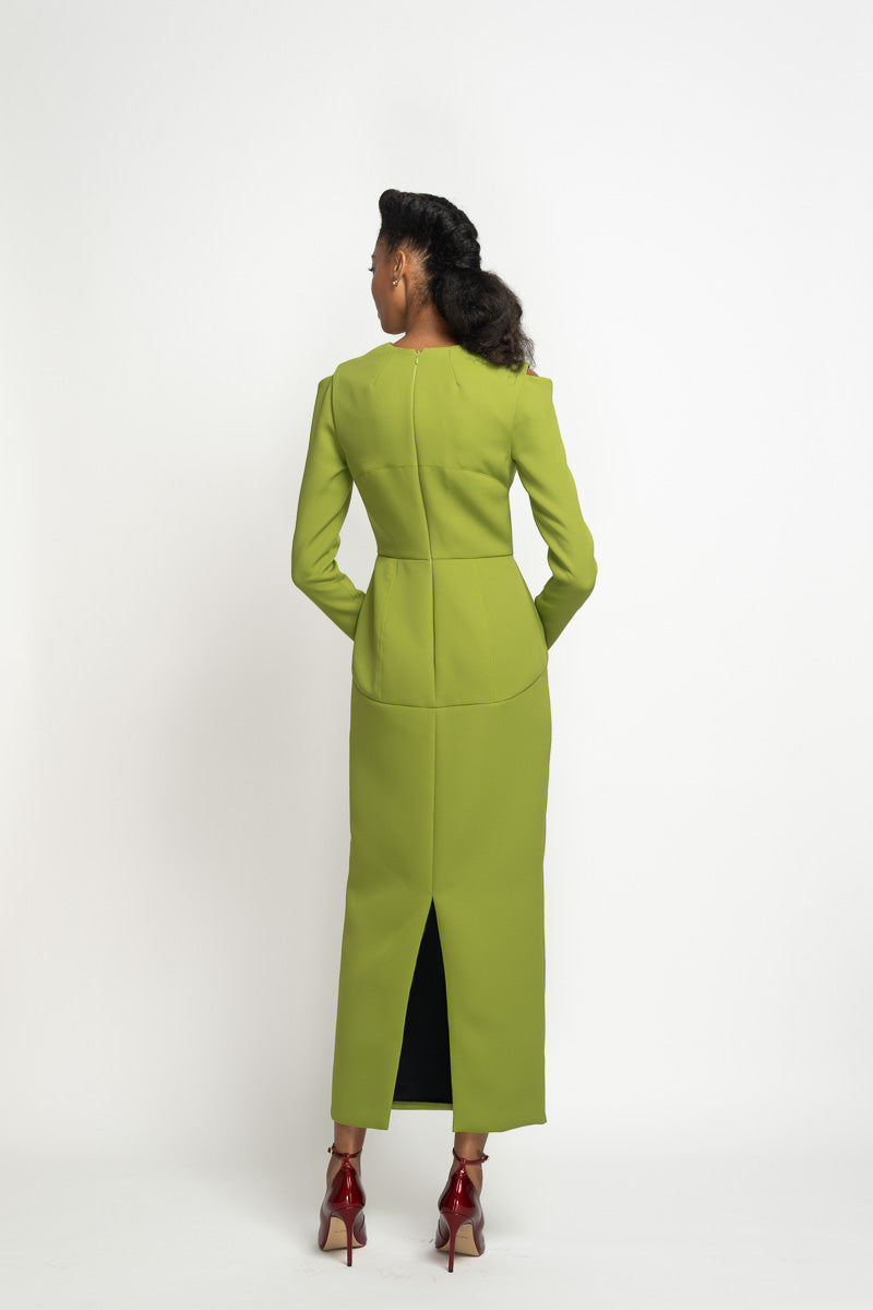 Olive Cady Sheath Dress with Open Neckline and Cold Shoulders 5