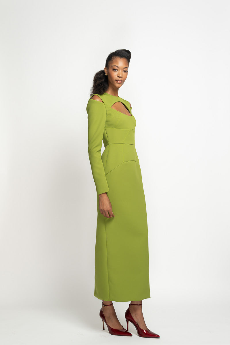 Olive Cady Sheath Dress with Open Neckline and Cold Shoulders 3