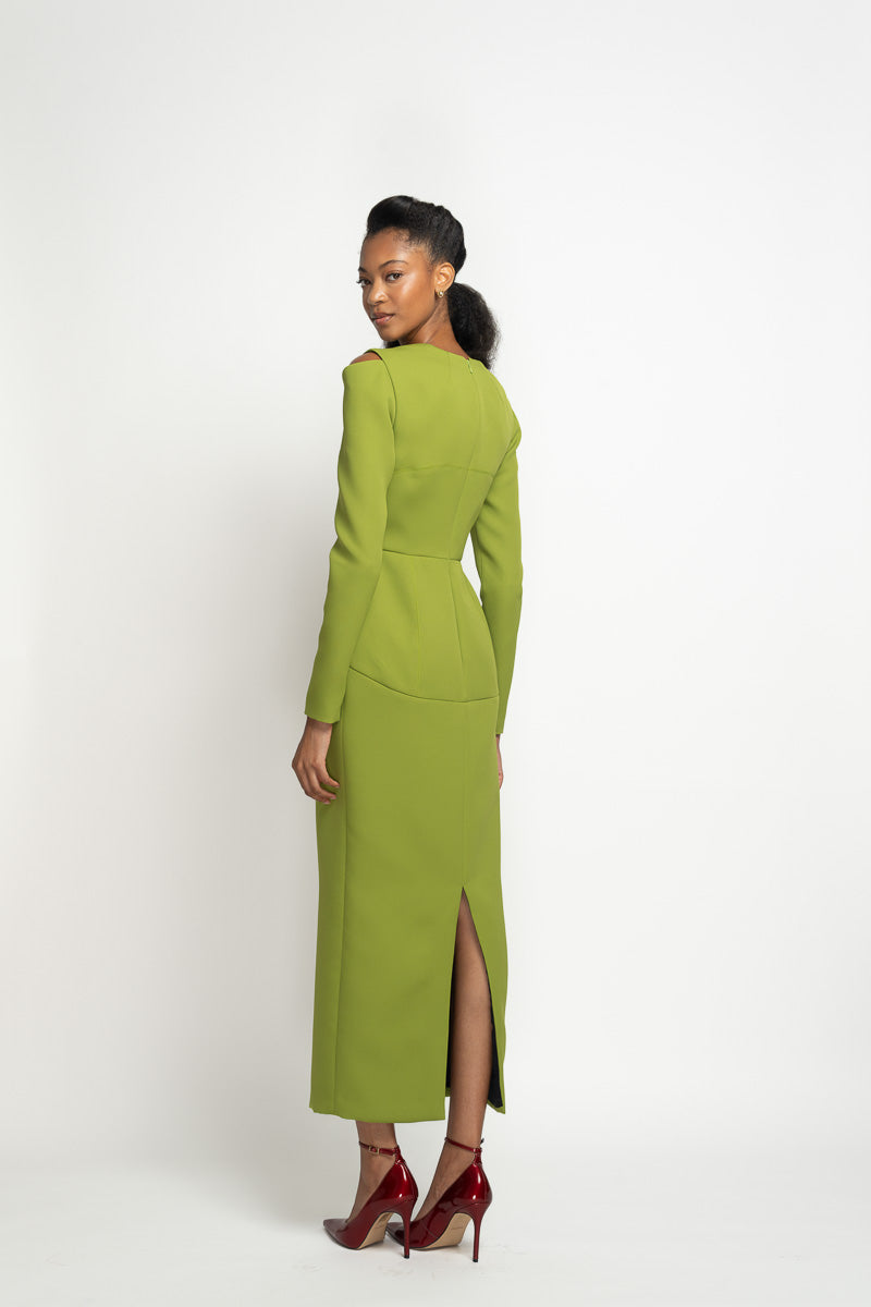 Olive Cady Sheath Dress with Open Neckline and Cold Shoulders 4