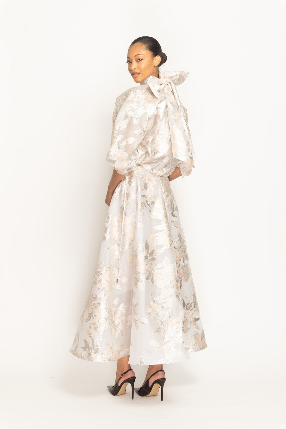 Botanical Organza Jacquard Flared Skirt Back