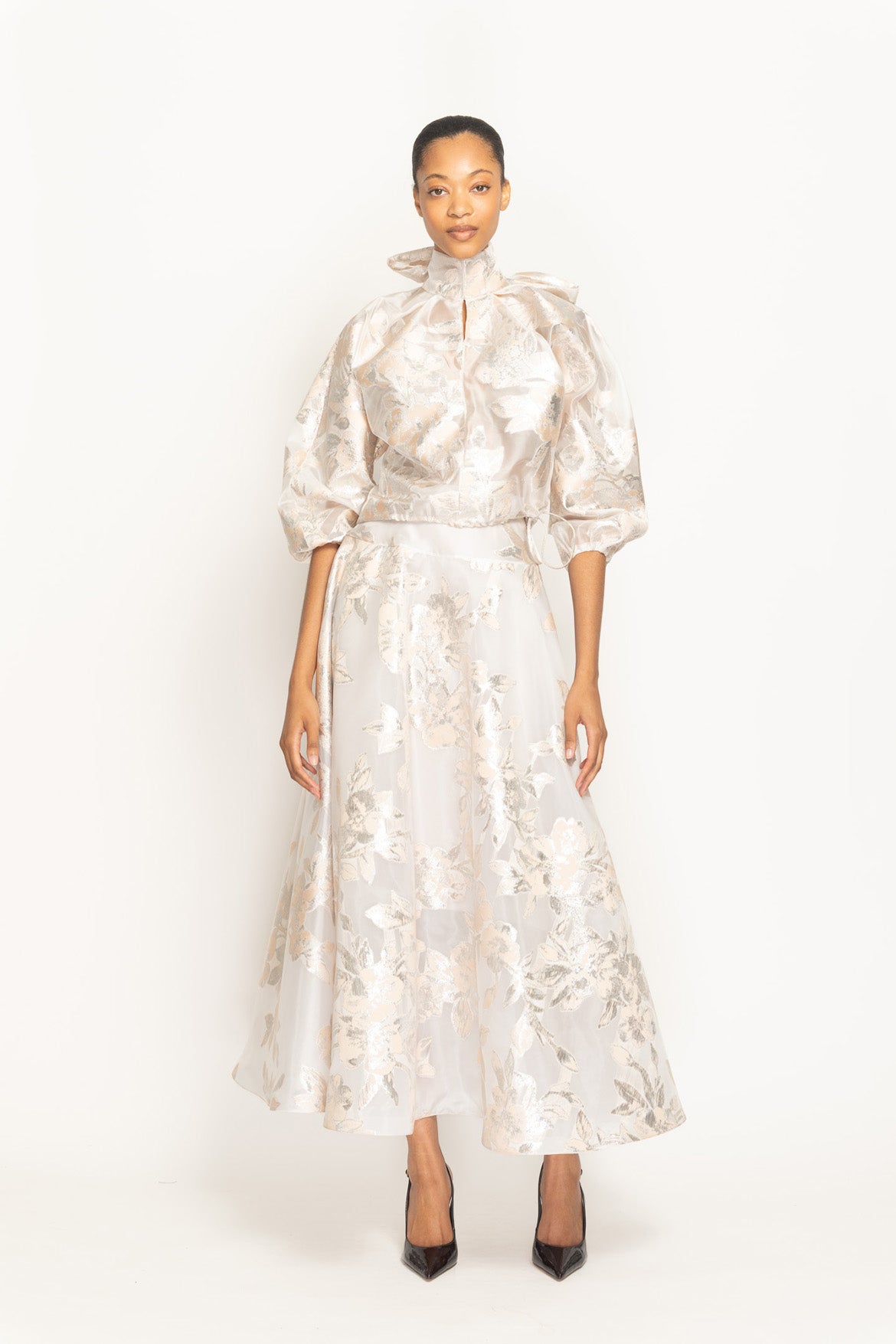 Botanical Organza Jacquard Flared Skirt Front