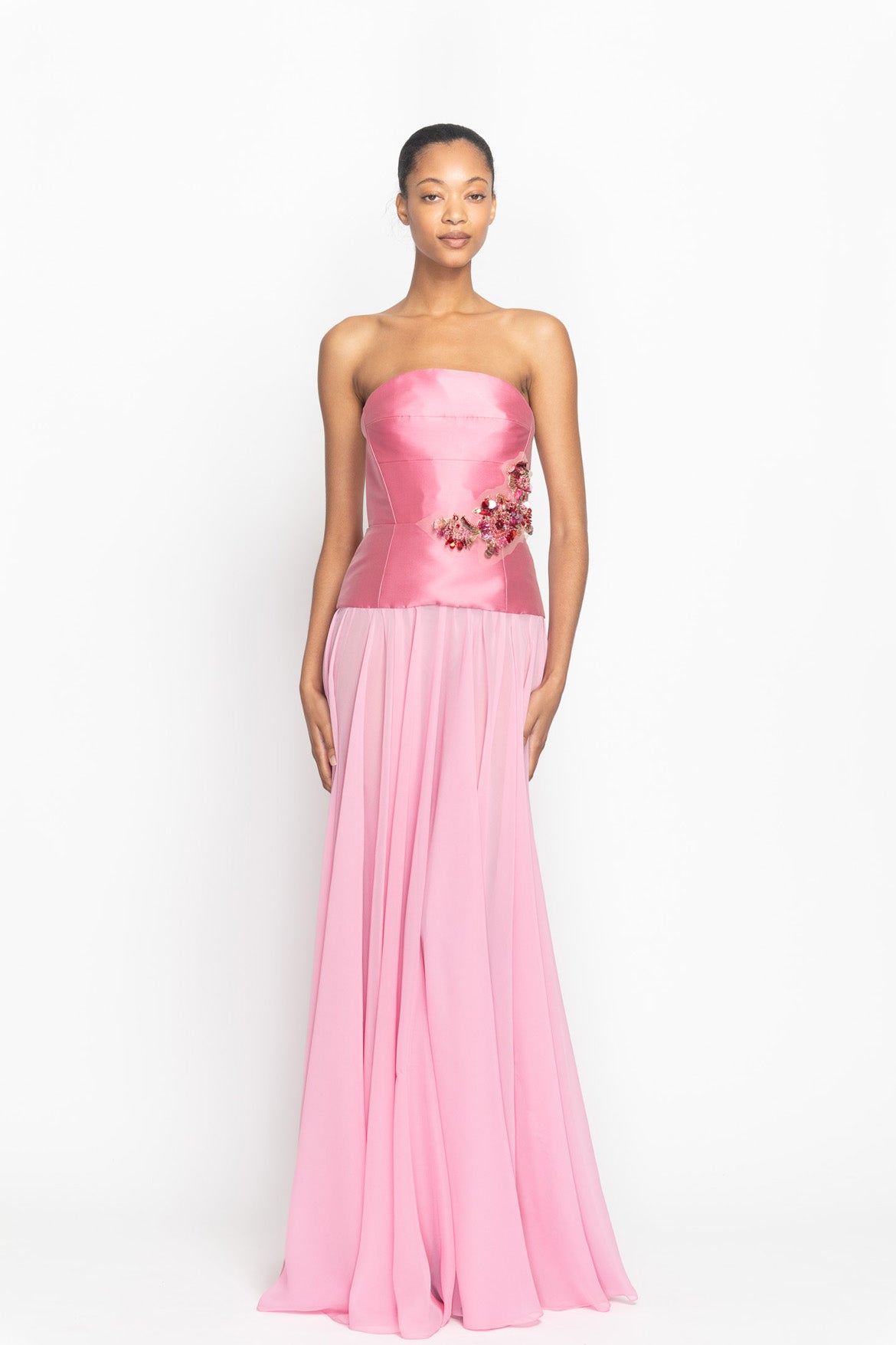Wild Rose Strapless Barathea Gown with Crystal Fleur Embroidered Bustier and Pleated Chiffon Skirt Front