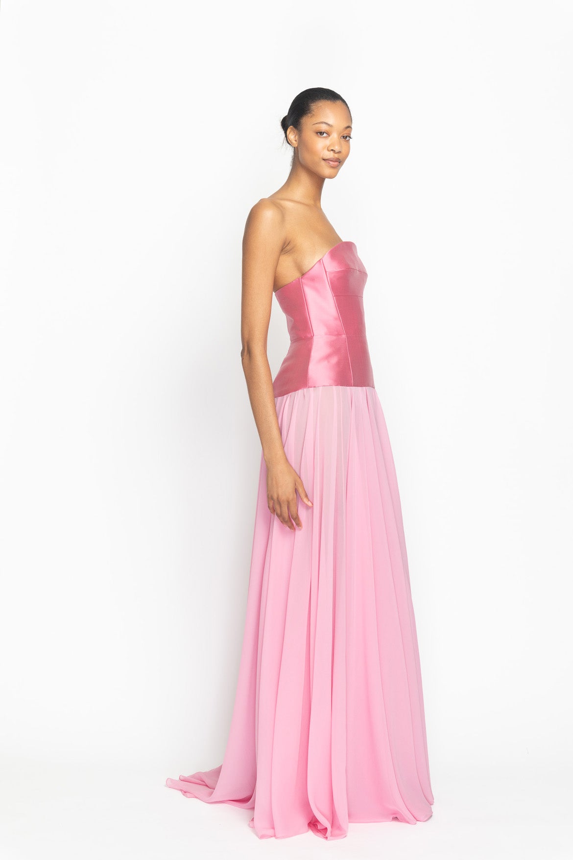 Wild Rose Strapless Barathea Gown with Crystal Fleur Embroidered Bustier and Pleated Chiffon Skirt Side One