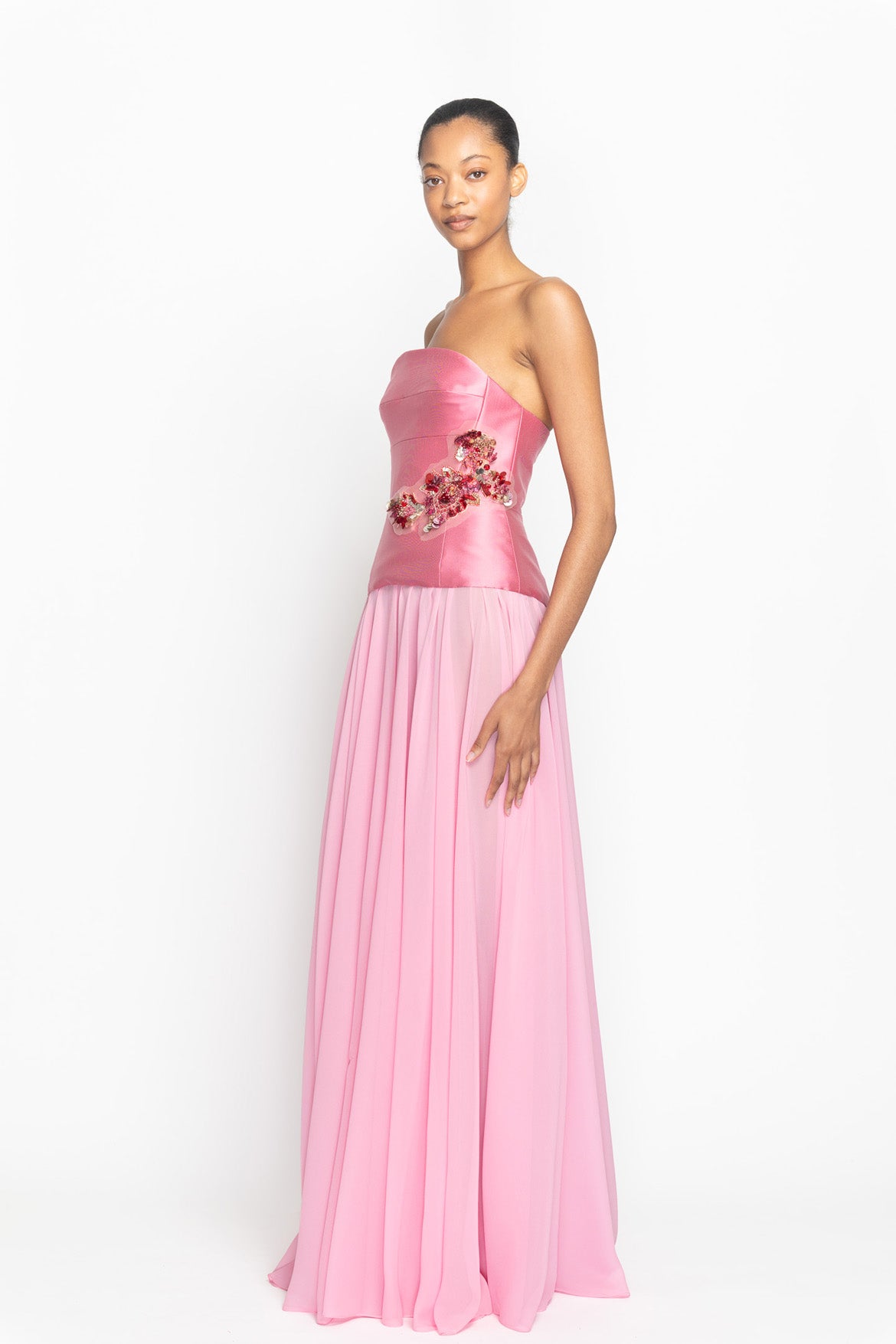 Wild Rose Strapless Barathea Gown with Crystal Fleur Embroidered Bustier and Pleated Chiffon Skirt Side Two