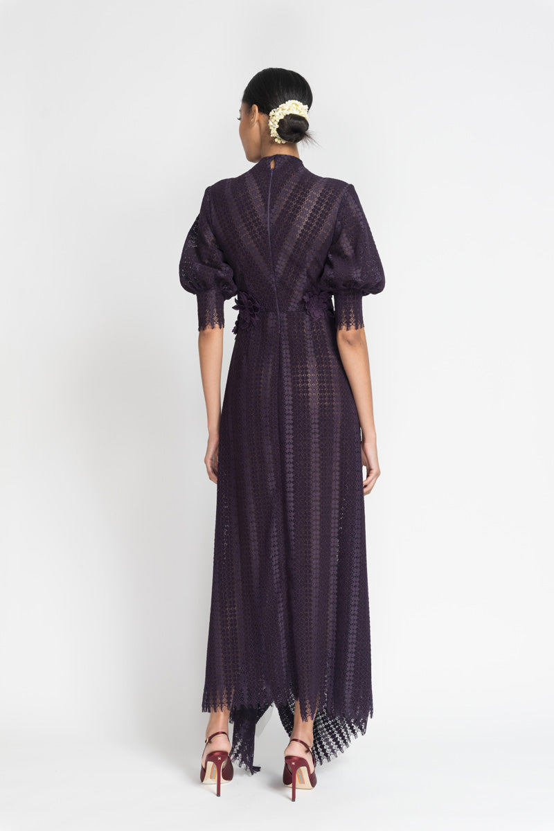 Plum Flocked Lace Dress With Bell Sleeves And Asymmetrical 4