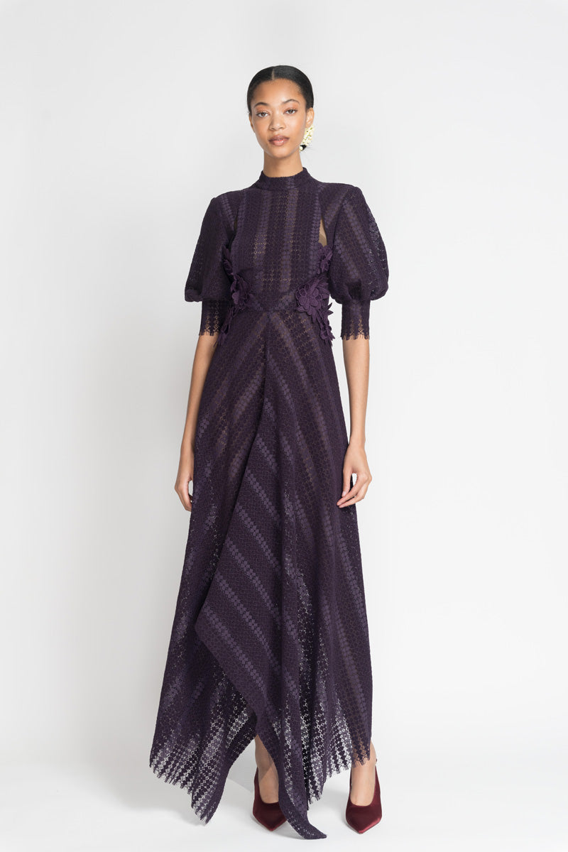 Plum Flocked Lace Dress With Bell Sleeves And Asymmetrical 2