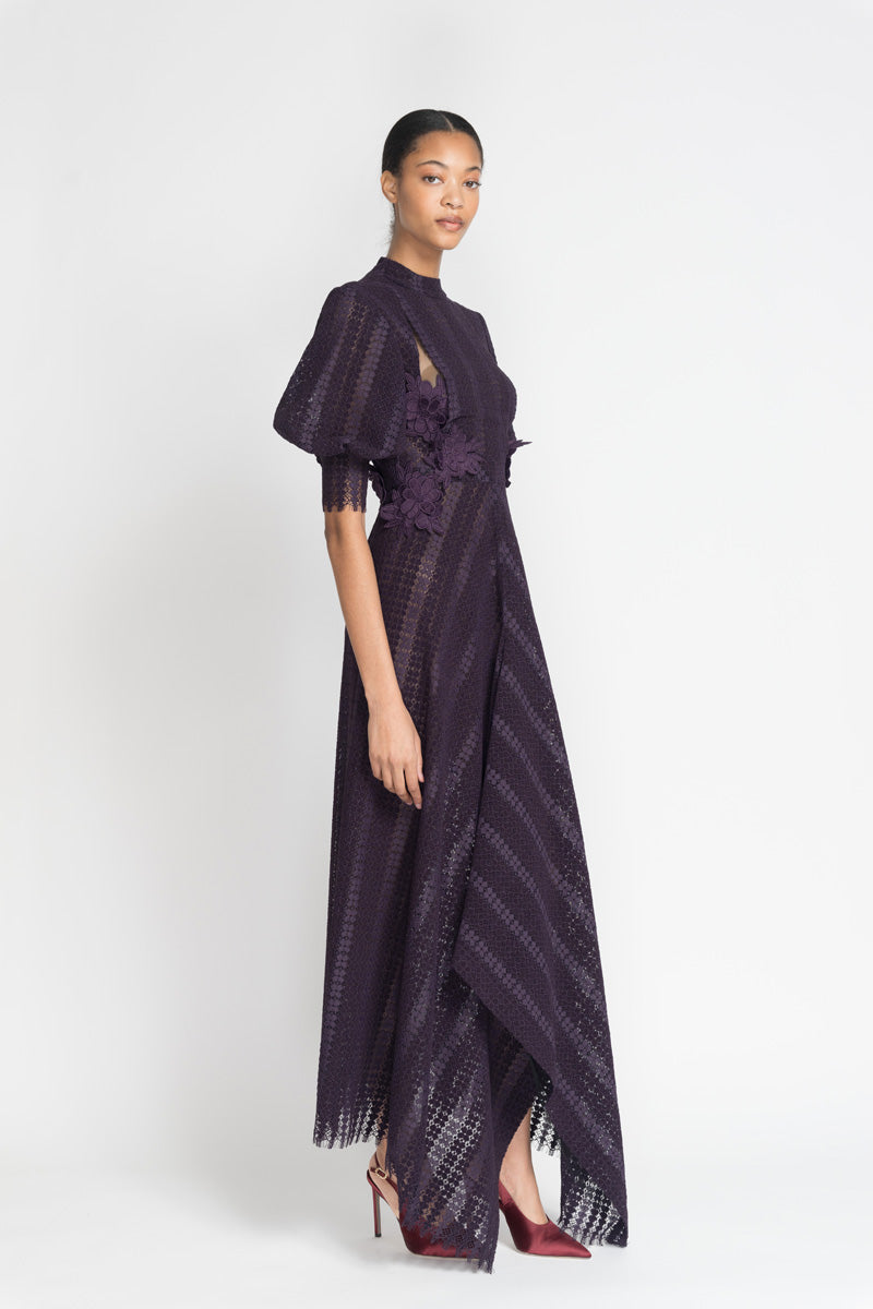 Plum Flocked Lace Dress With Bell Sleeves And Asymmetrical 3