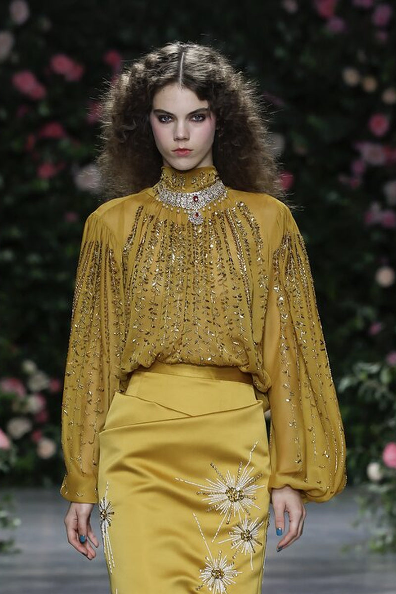 Tuscan Embroidered Marigold Sheer Crepe Blouse
