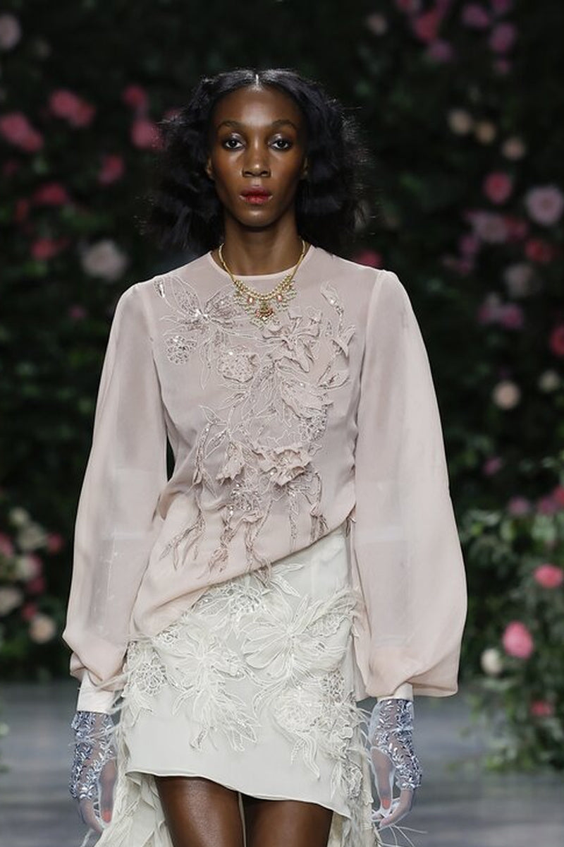 Rosella Vine Embroidered Primrose Sheer Crepe Blouse