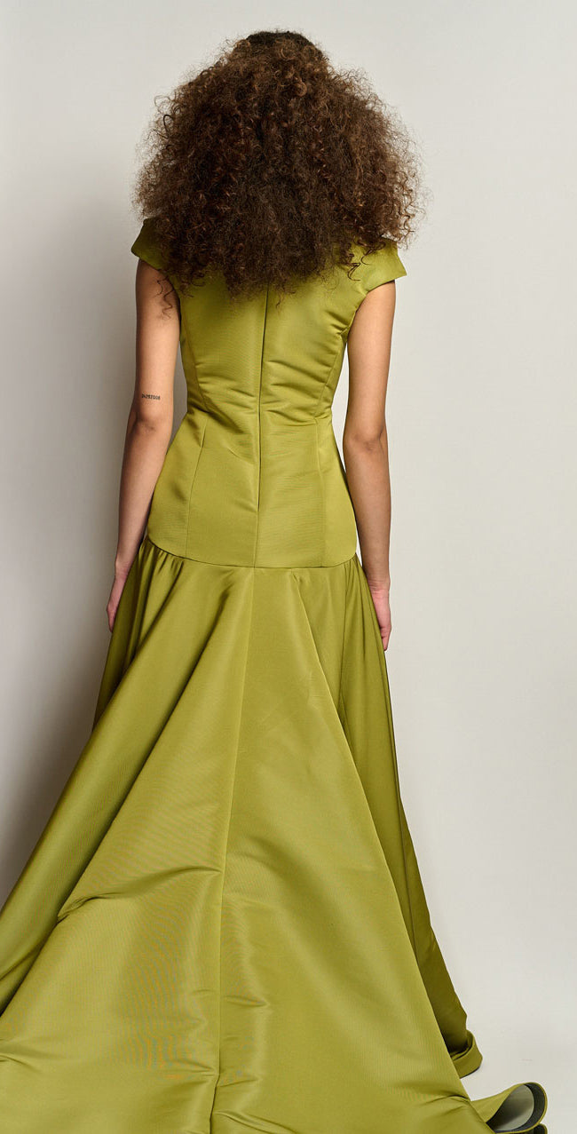 Olive Green Ball Gown with Draped Shoulder and Front Slit Detail