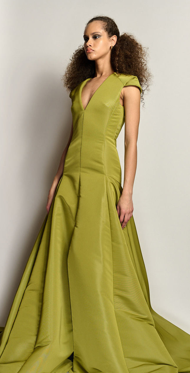 Olive Green Ball Gown with Draped Shoulder and Front Slit Detail
