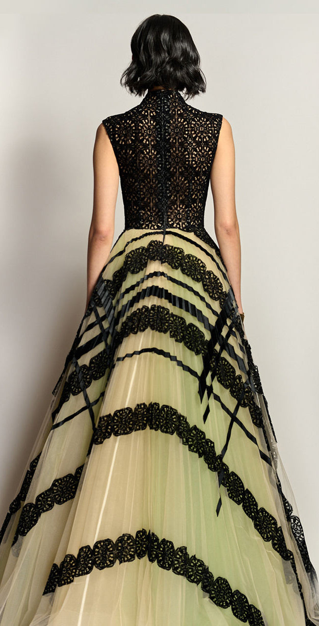Velvet and Flocked Lace Gown with Pleated Tulle Appliqué Skirt