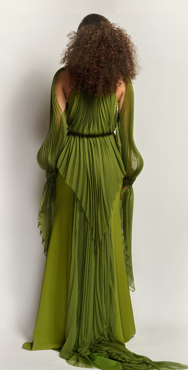 Halter Crepe Gown with Silk Chiffon Pleated Train