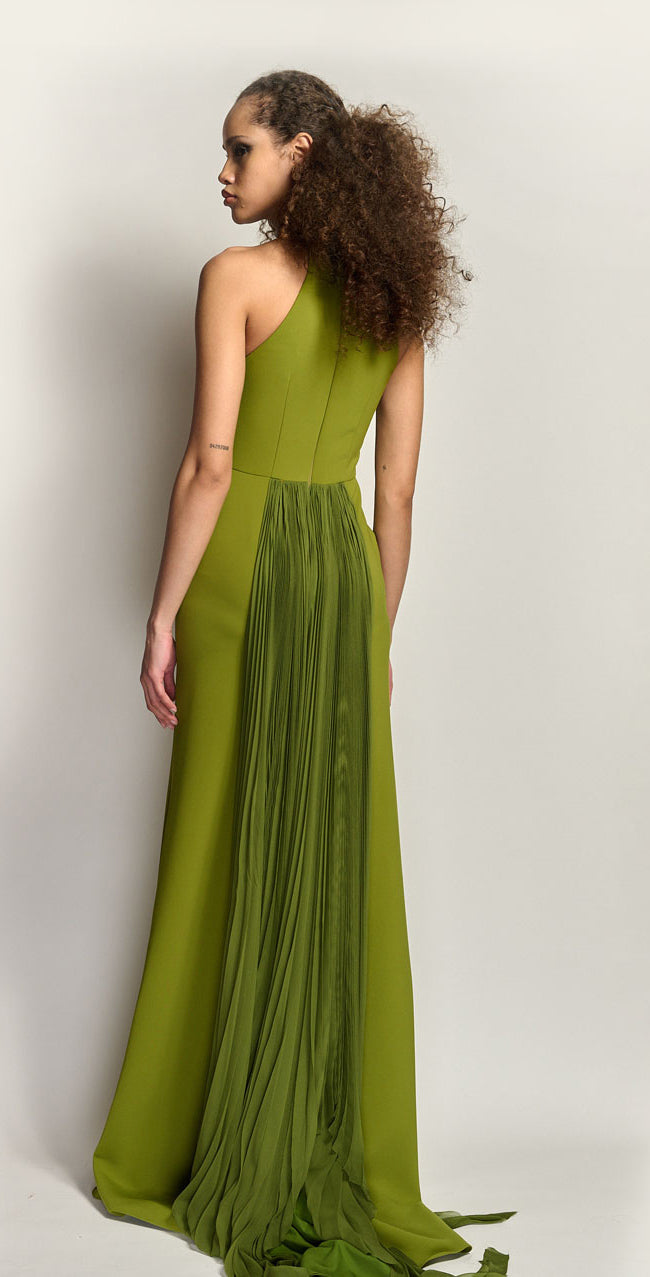 Halter Crepe Gown with Silk Chiffon Pleated Train