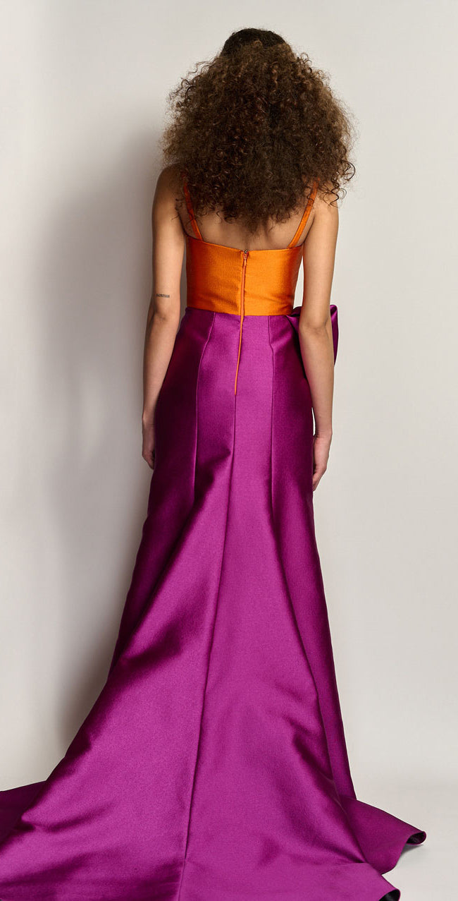Color Block Pebbled Barathea Gown With Petal Draped Skirt