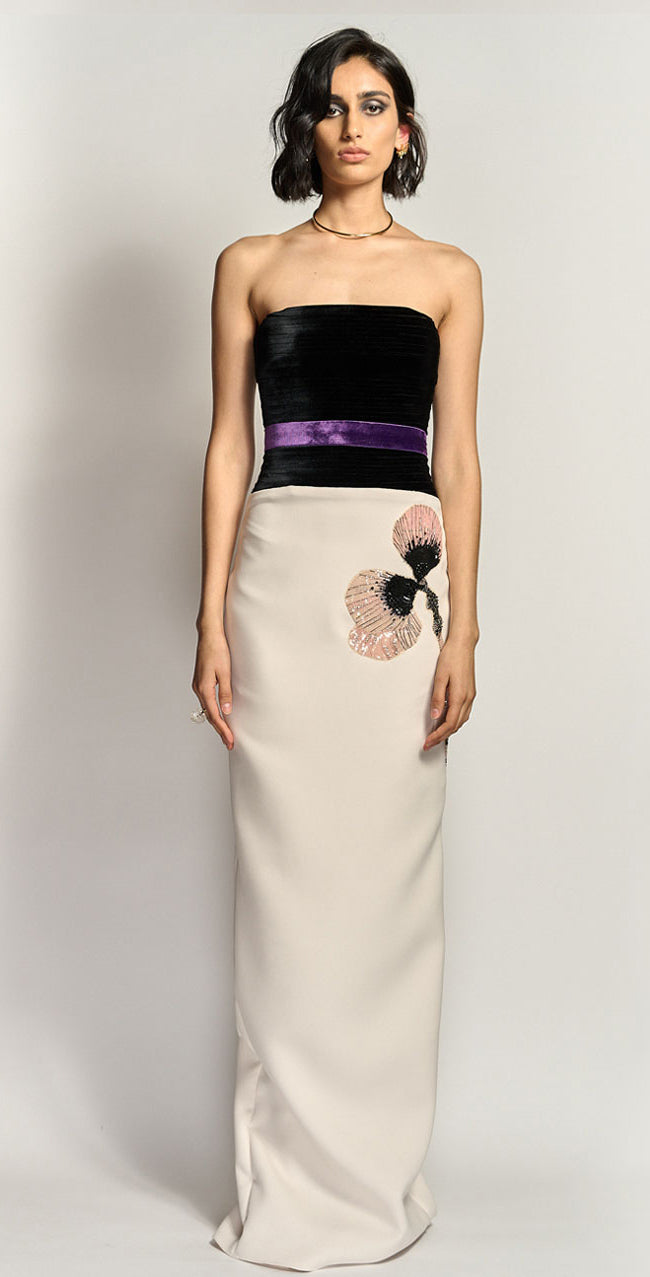Velvet Bustier Column Cady Gown with Flower Embroidery