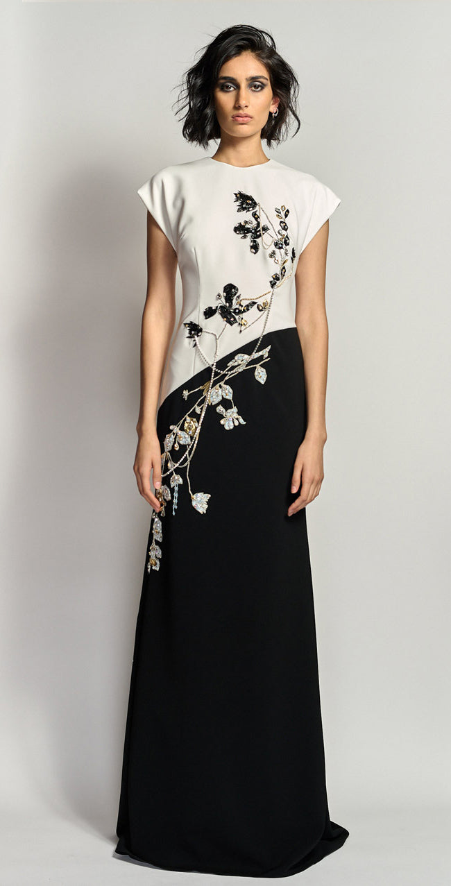 Ivory and Onyx Crepe Gown with Crystal Iris Vine Embroidery