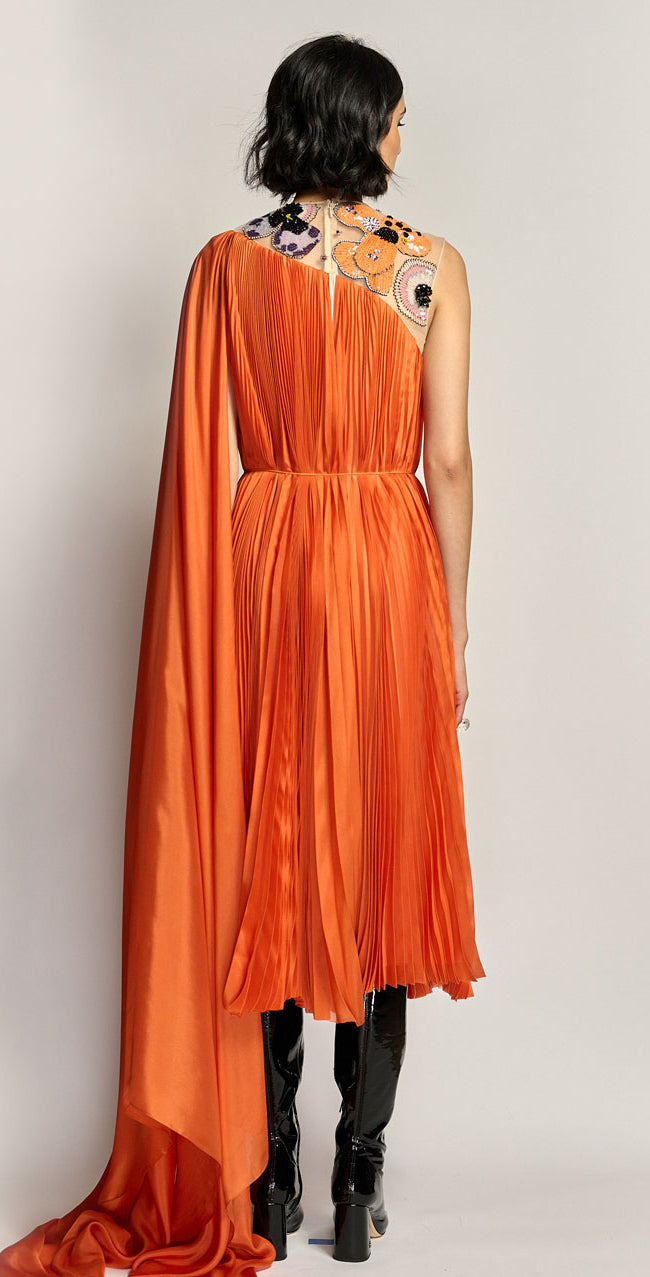 Amaryllis Embroidered Silk Chiffon Pleated Cocktail Dress with Cape Detail and Self Belt