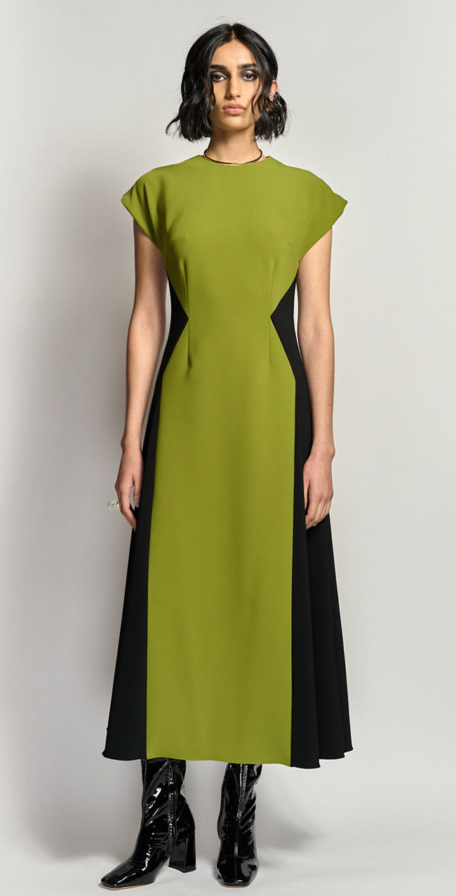 Color Block Crepe Day Dress with Relaxed Shoulders