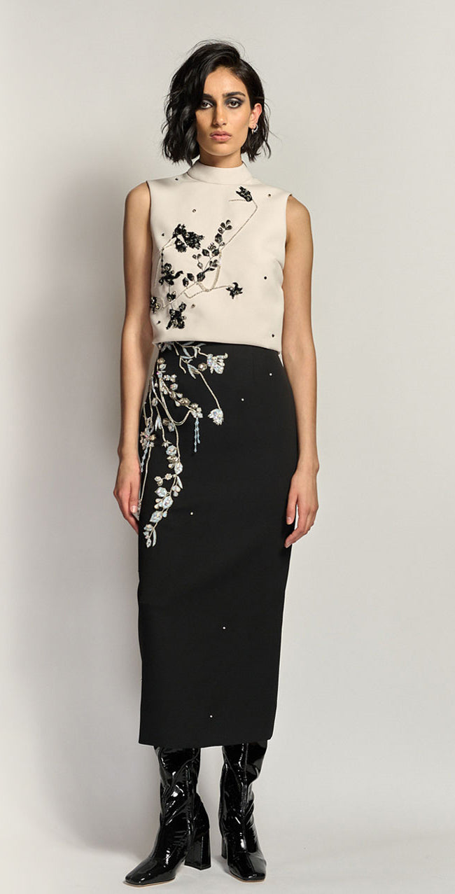 Onyx Cady and Faille Skirt with Crystal Iris Vine Embroidery
