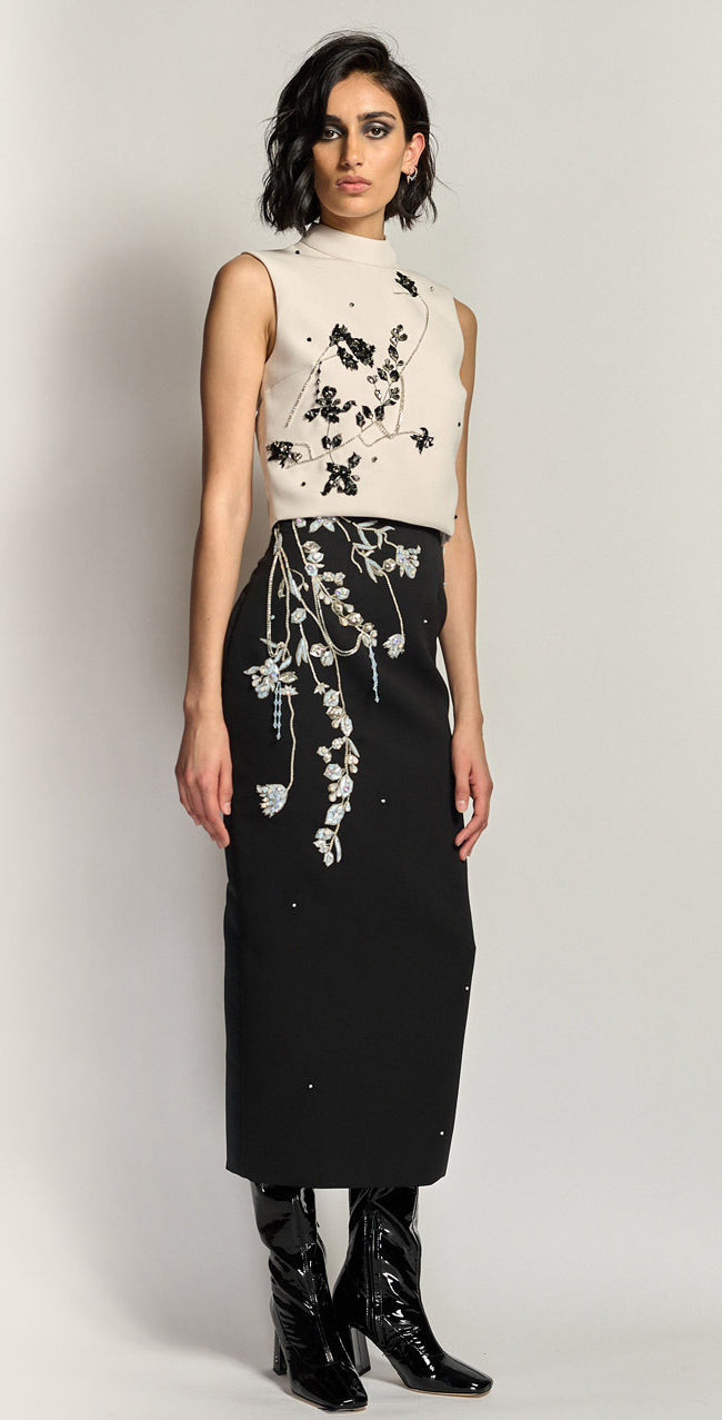 Ivory Cady and Faille Top with Crystal Iris Vine Embroidery