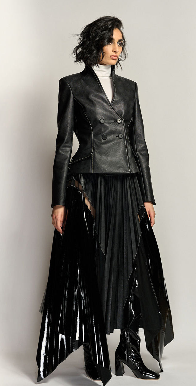 Onyx Vegan Leather, Patent and Tulle Pleated Skirt