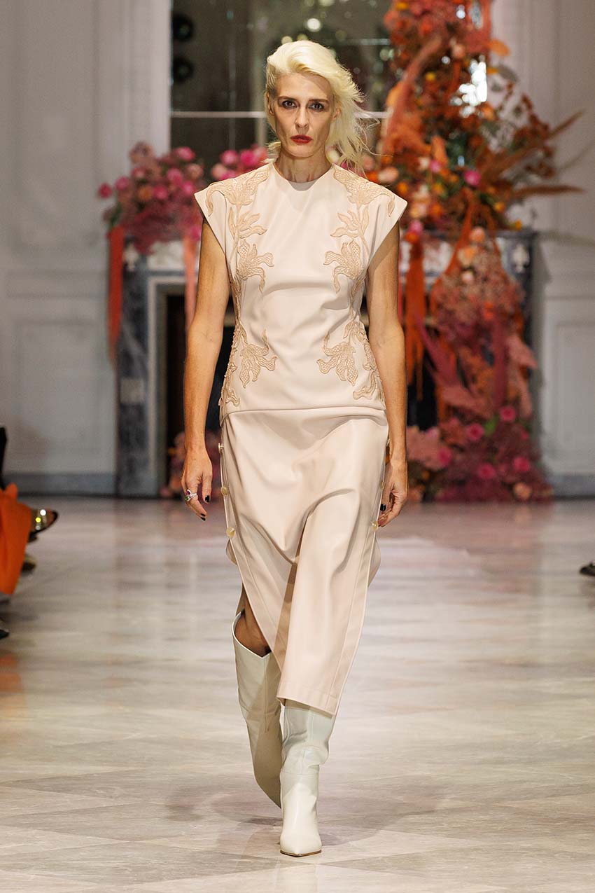 Spring 2025 Look 10 buff vegan leather dress