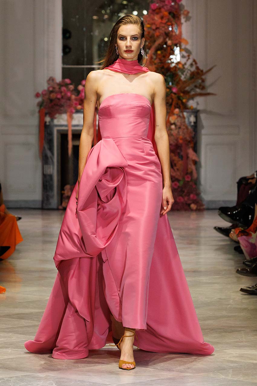 Camellia Faille Strapless Dress with Draped Blossom Train