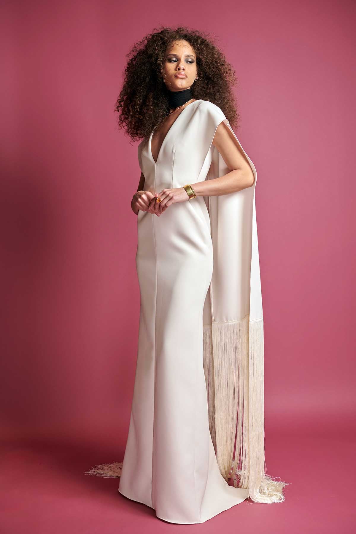 Ivory Cady Gown with Fringed Cape and Plunging Neckline