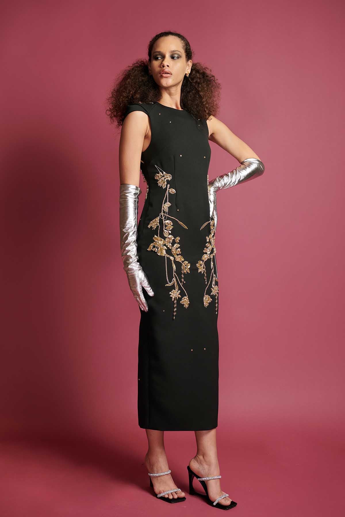 Onyx Cady Dress with Crystal Iris Vine Embroidery