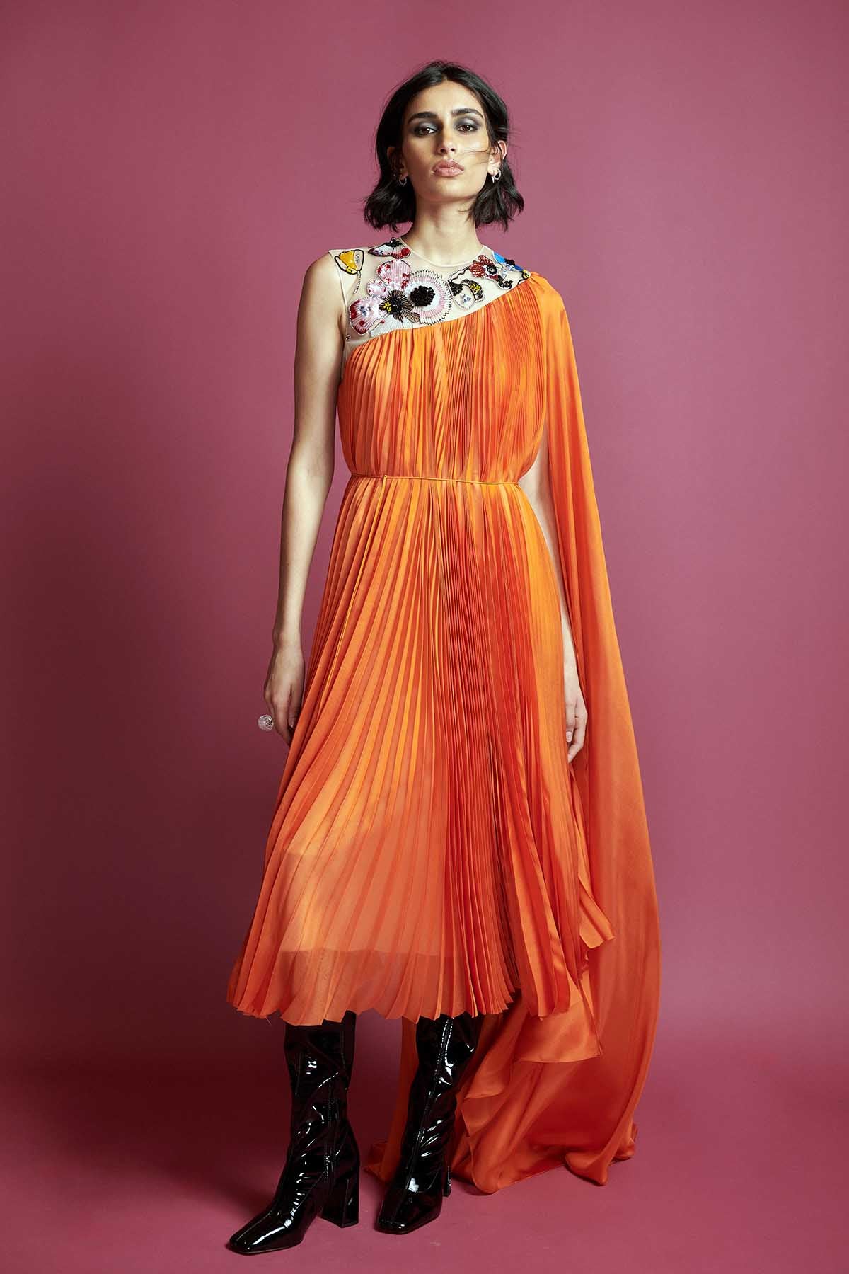 Amaryllis Embroidered Silk Chiffon Pleated Cocktail Dress with Cape Detail and Self Belt