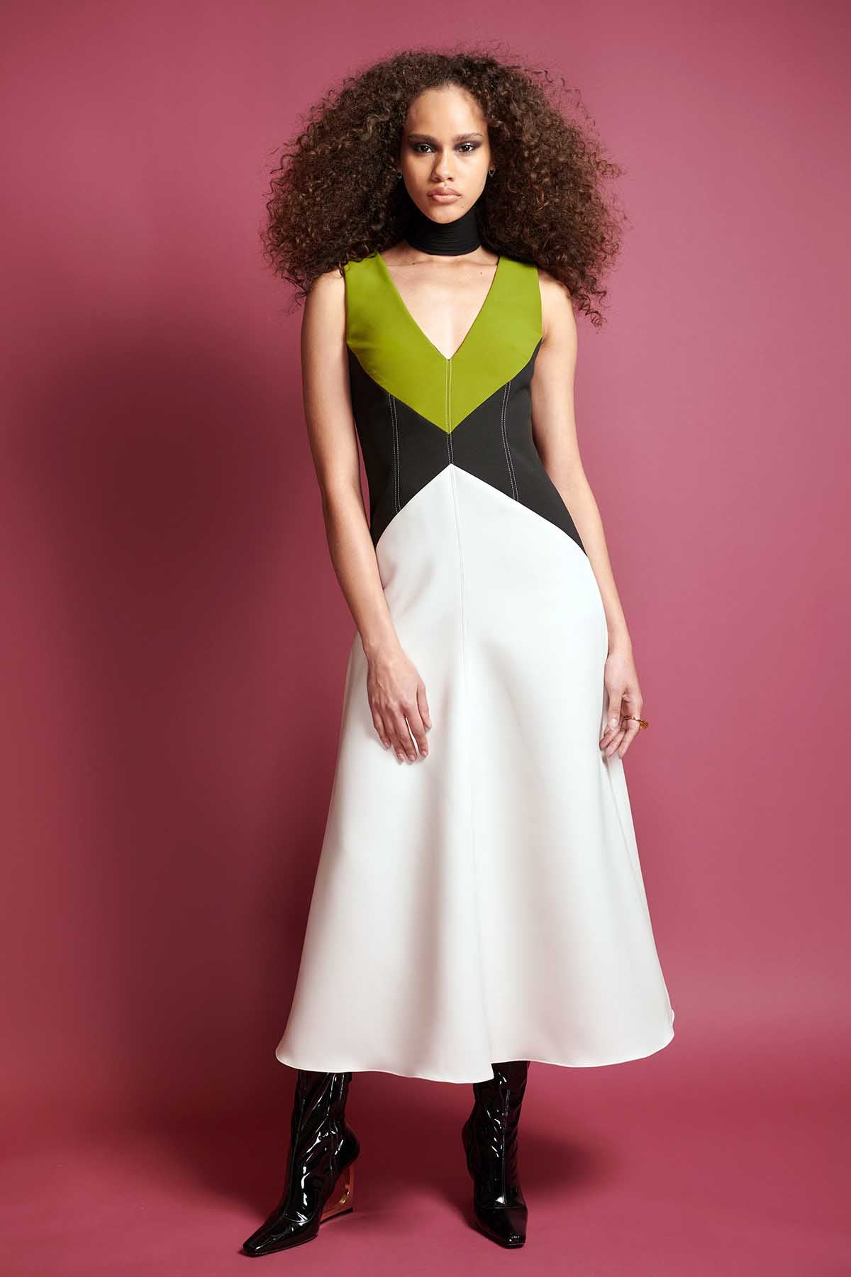 Color Blocked Crepe and Cady Day Dress