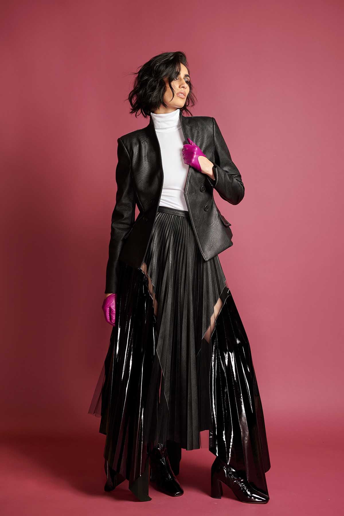 Onyx Vegan Leather, Patent and Tulle Pleated Skirt