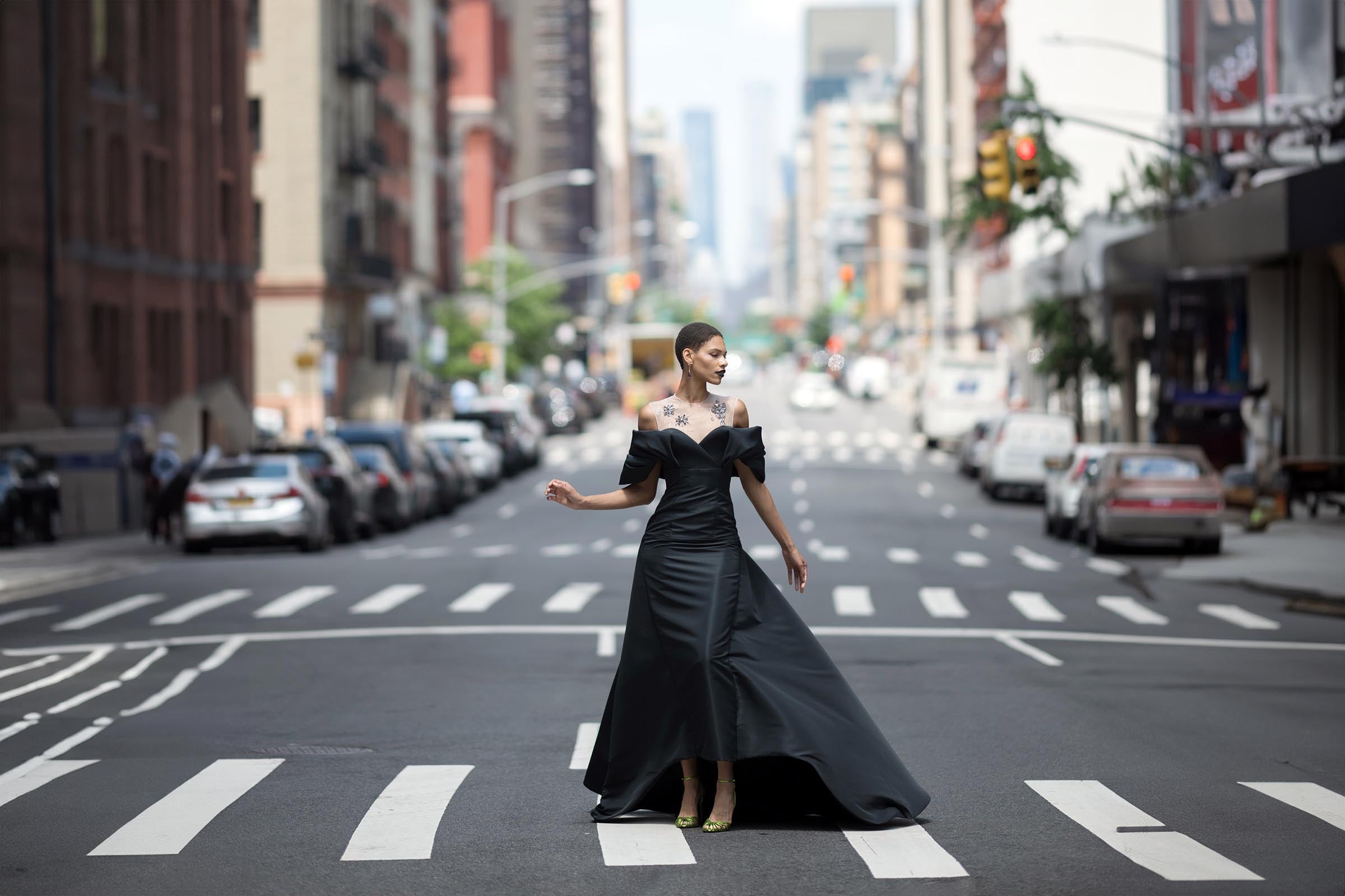 model in new york wearing black gown 