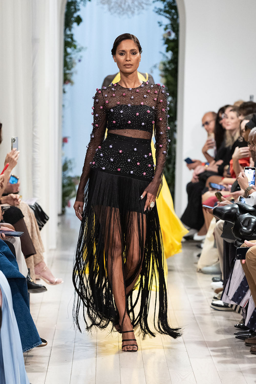 Onyx tulle and Crepe dress with Tassel Hem and Sequined Pearl Embroidery