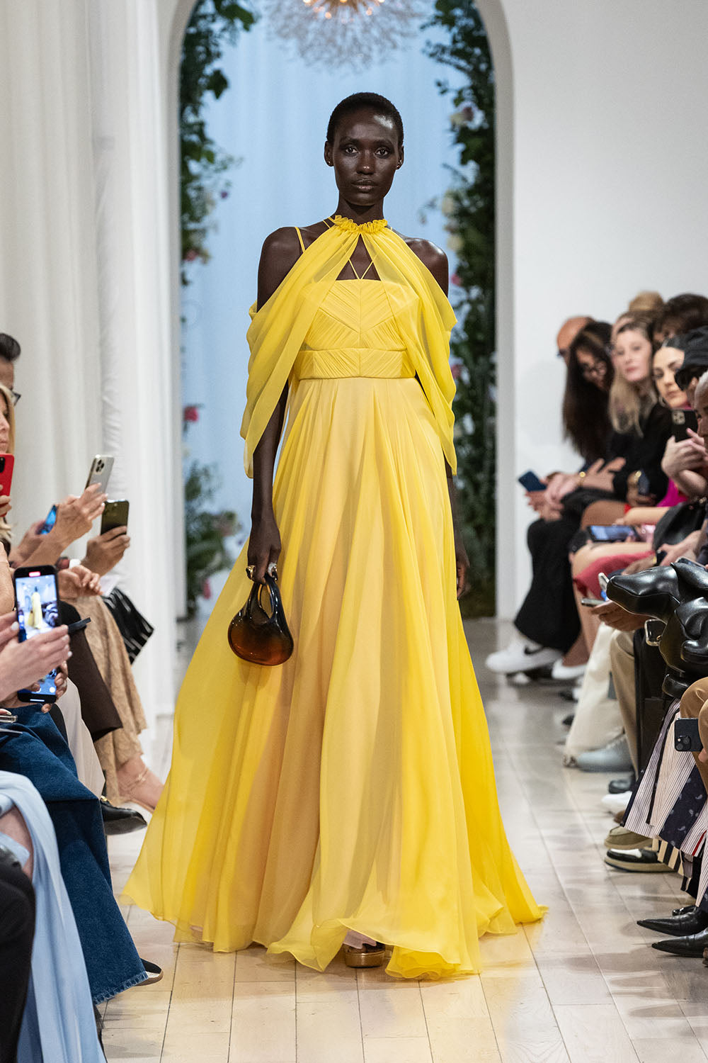 Hand Pleated Daffodil Silk Chiffon Gown With Cape
