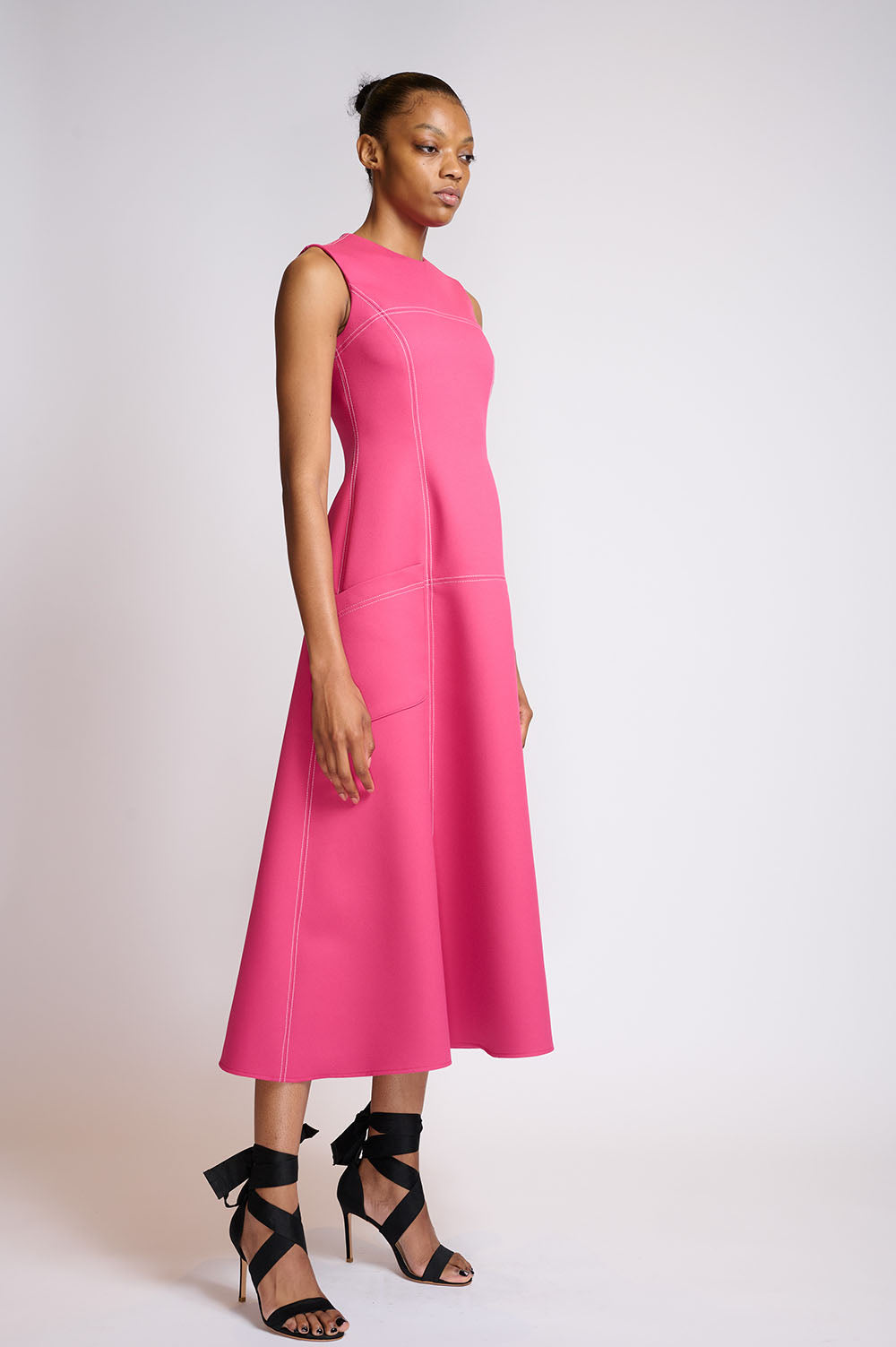 Fuchsia Crepe Panelled Day Dress With Pockets