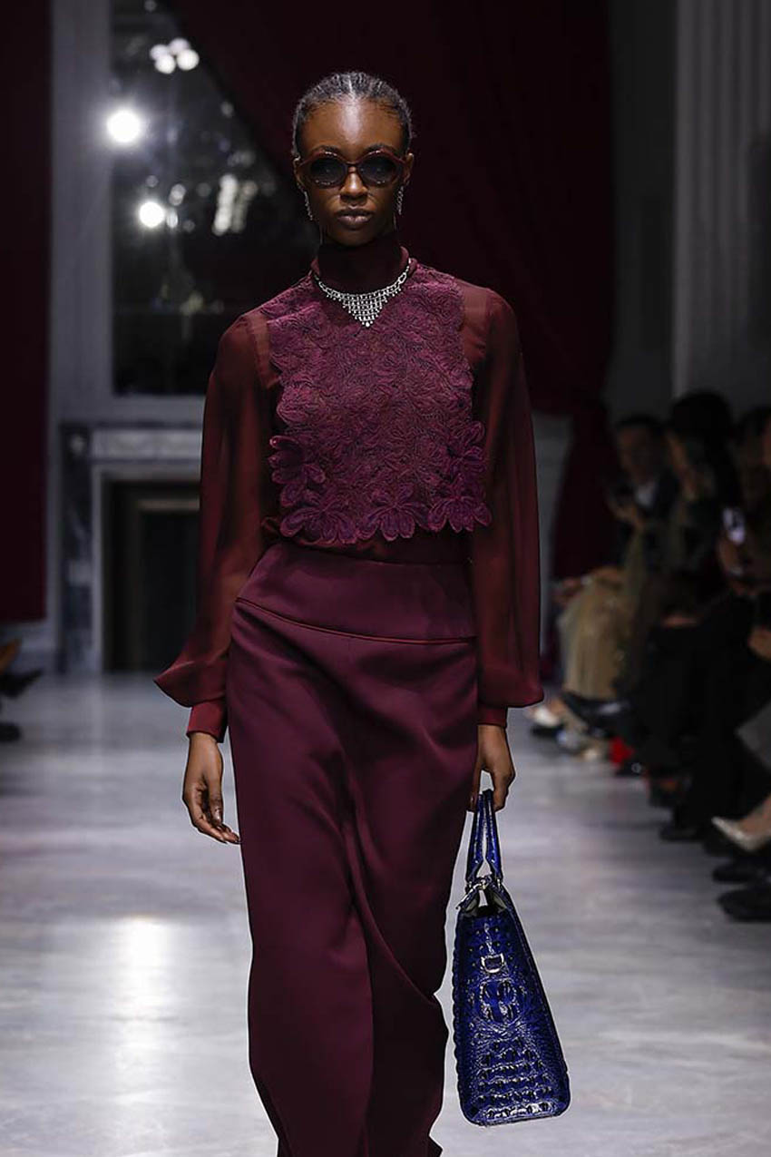 Claret Sheer Blouse with Padma Lace Bib