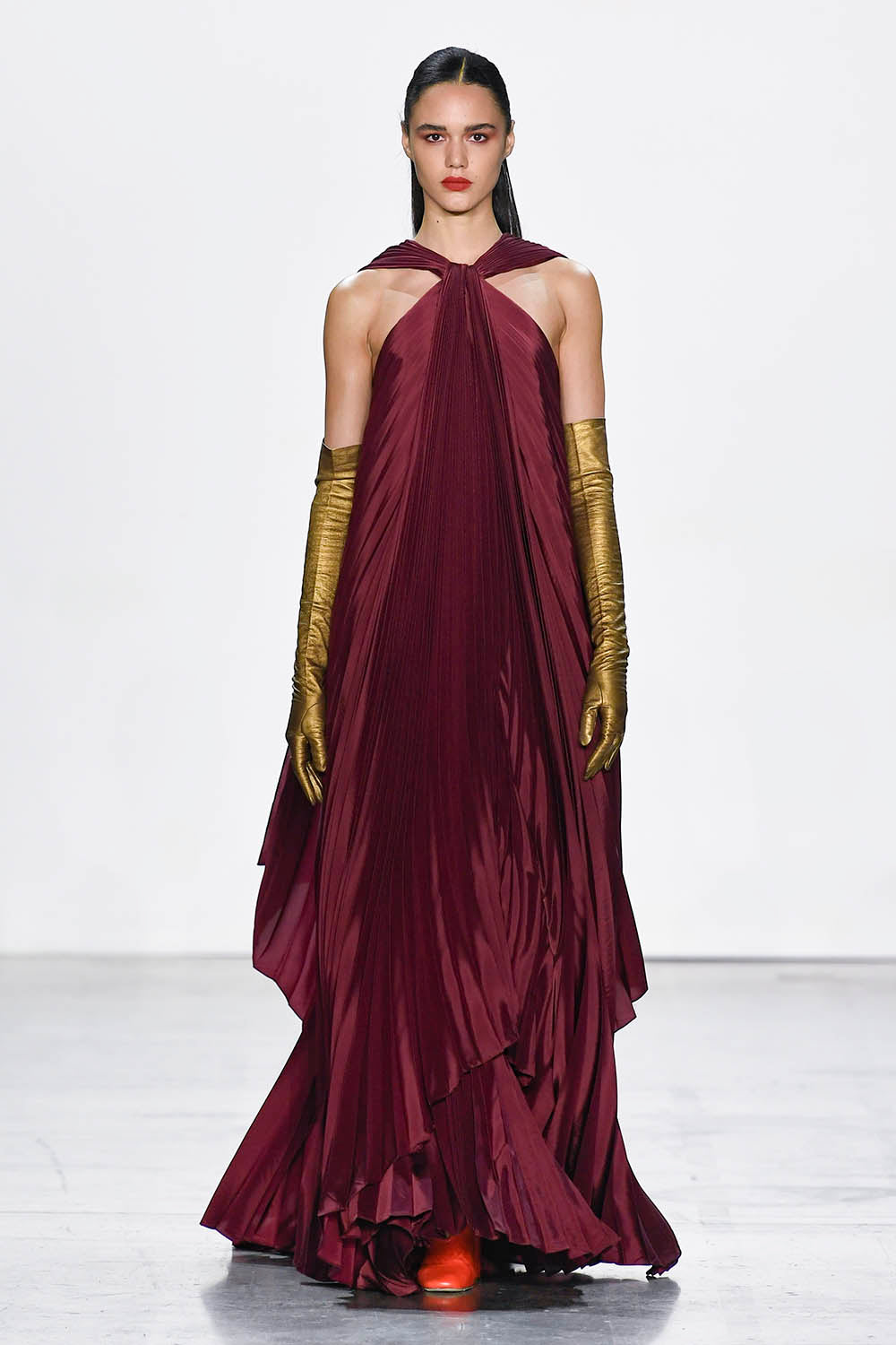 Claret twill gown with cape