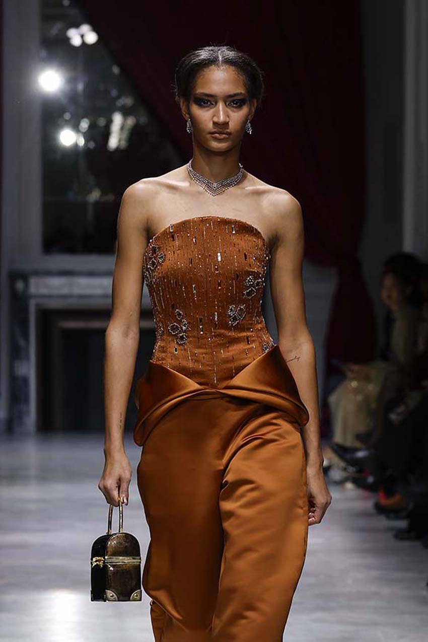 Copper Double Duchess Bustier Top with Chakra Embroidery and Iris Drape