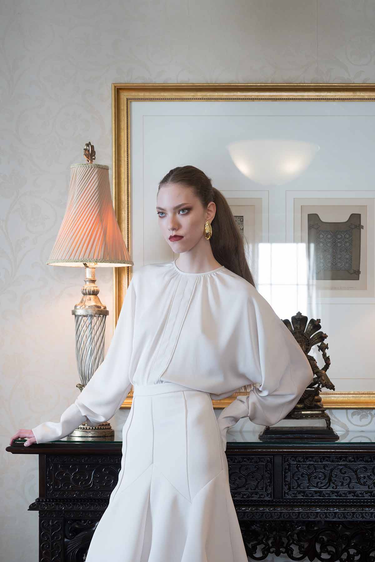 Ivory Satin Crepe Kimono Blouse