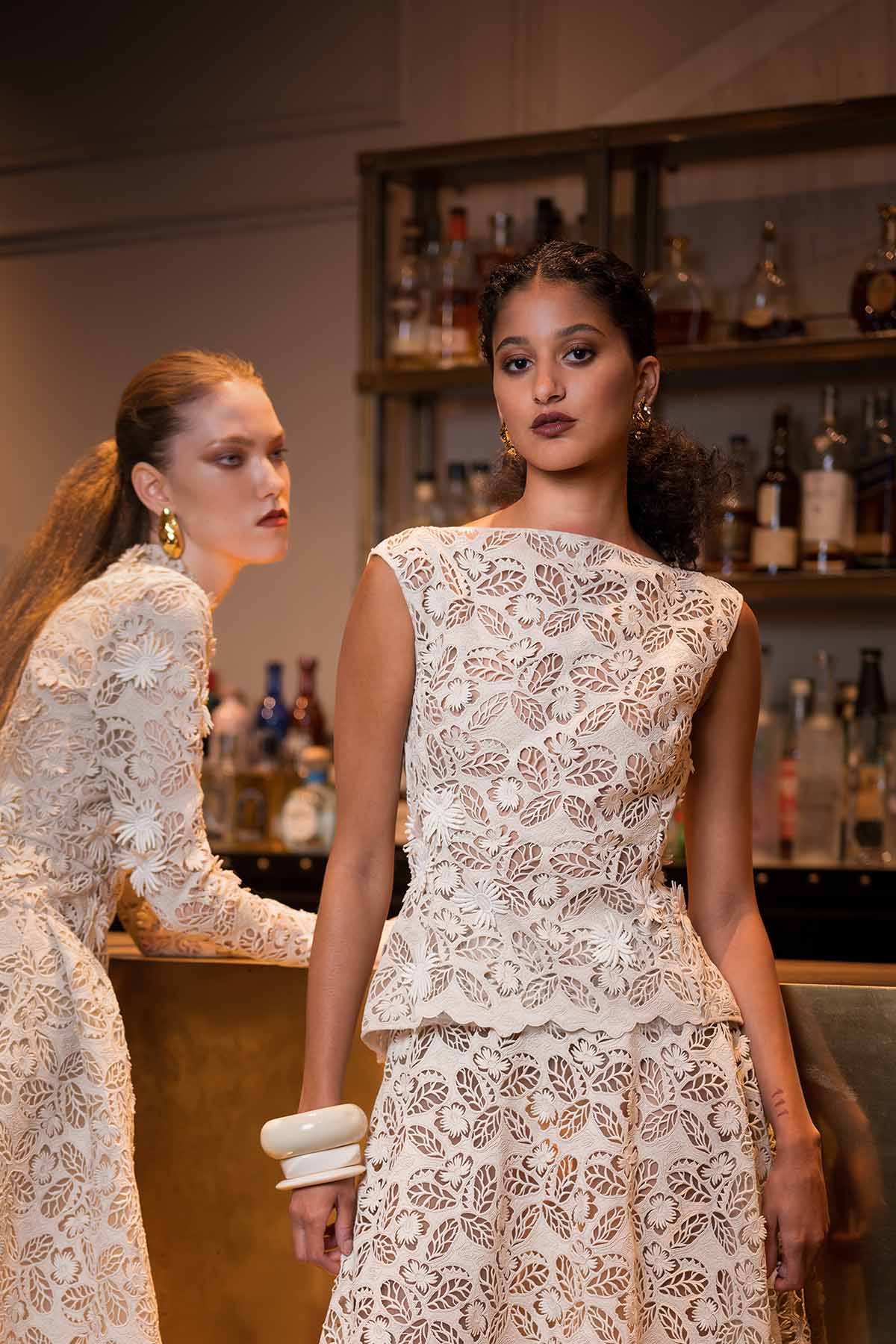 Jasmine Web Lace Boat Neck Top with Plunge Back Neck and Floral Applique
