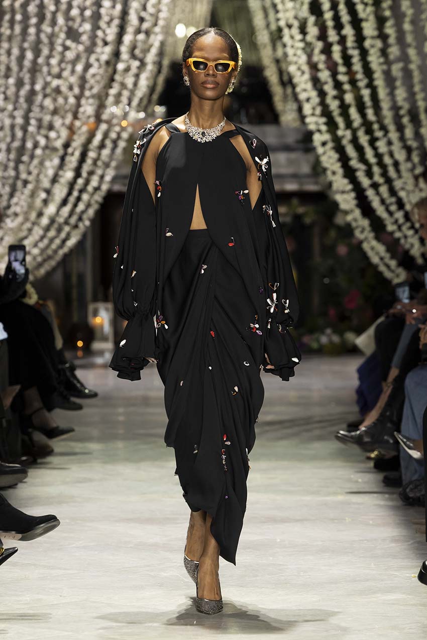 Black Satin Crepe Palazzo Dress With Petal Embroidery 1