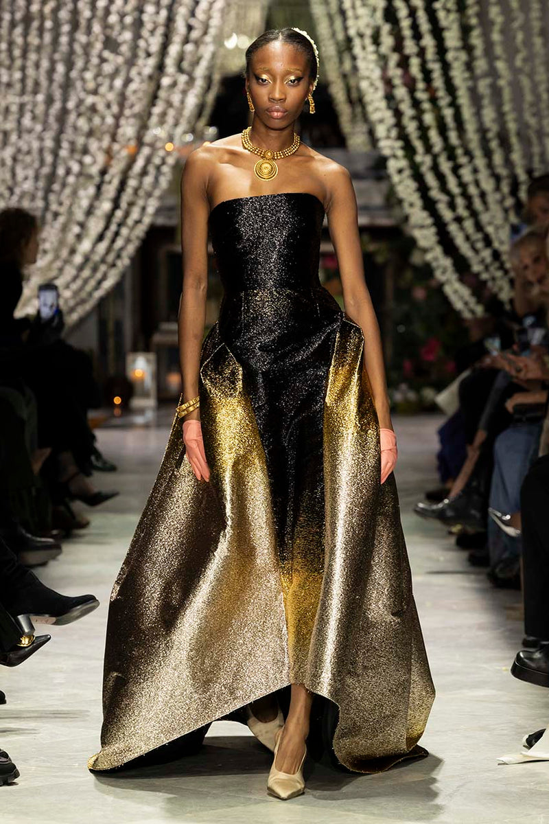 Black/Gold Ombré Lurex Bustier Gown with Train