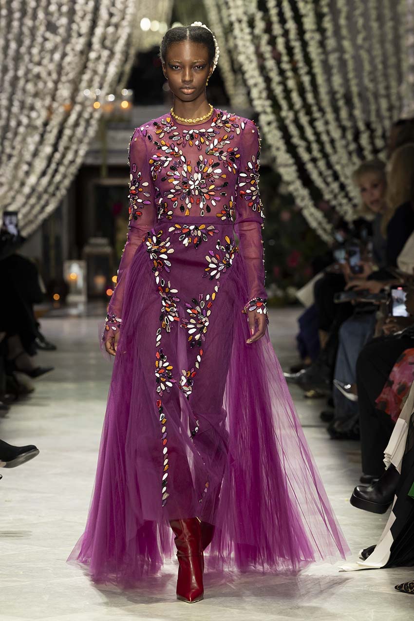 Berry Tulle Gown With Sashi Fire Embroidery And Pleated Train 1